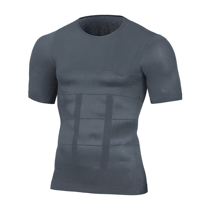 Grijs kort shirt met ronde hals en elastische banden over de buik, voorkant op een witte achtergrond. 4