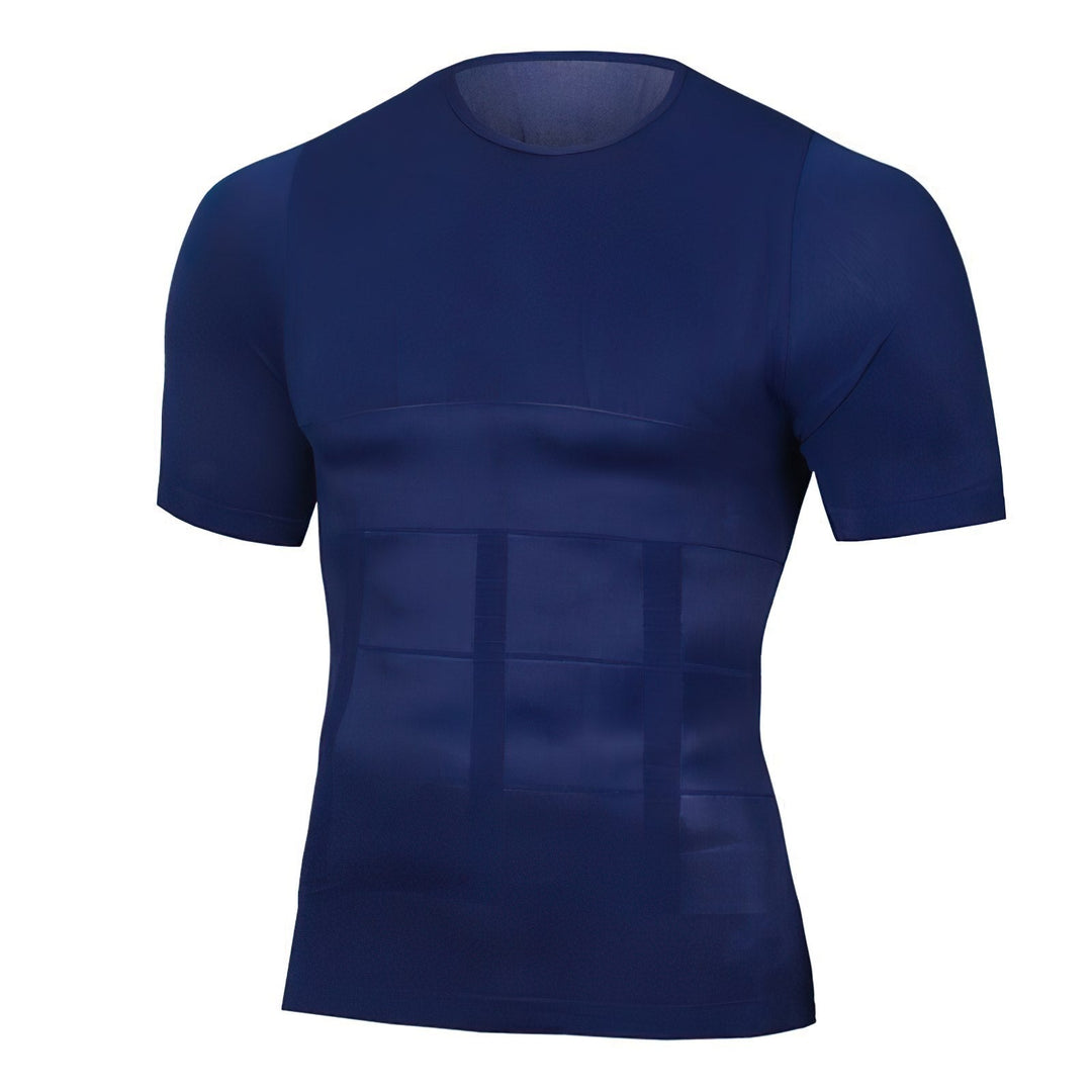 Donkerblauw kort shirt met ronde hals en zichtbare compressiepanelen over de buik, voorkant op een witte achtergrond. 3