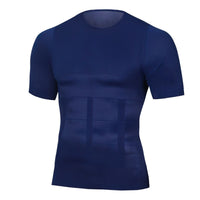 Donkerblauw kort shirt met ronde hals en zichtbare compressiepanelen over de buik, voorkant op een witte achtergrond. 3