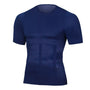 Donkerblauw kort shirt met ronde hals en zichtbare compressiepanelen over de buik, voorkant op een witte achtergrond. 3