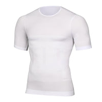 Wit kort shirt met ronde hals en vormgevende buikpanelen, voorkant op een witte achtergrond. 2