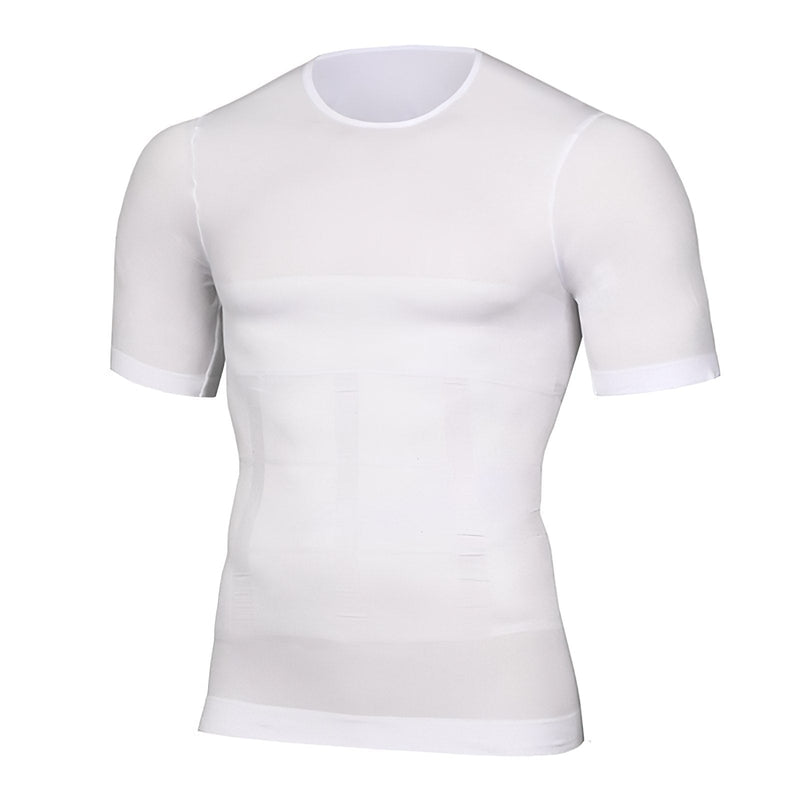 Wit kort shirt met ronde hals en vormgevende buikpanelen, voorkant op een witte achtergrond. 2