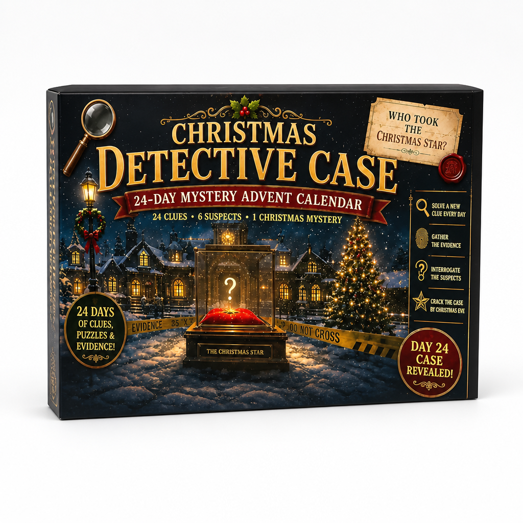 Doos van het detectivethema met een verlichte kerstboom, een vitrine met rood kussen en een vraagteken, afzetlint en een vergrootglas. 11