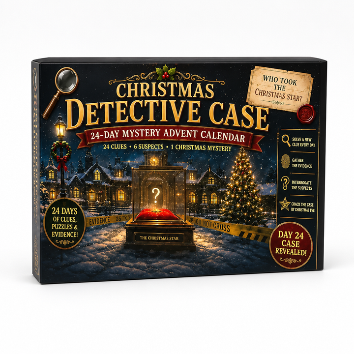 Doos van het detectivethema met een verlichte kerstboom, een vitrine met rood kussen en een vraagteken, afzetlint en een vergrootglas. 11