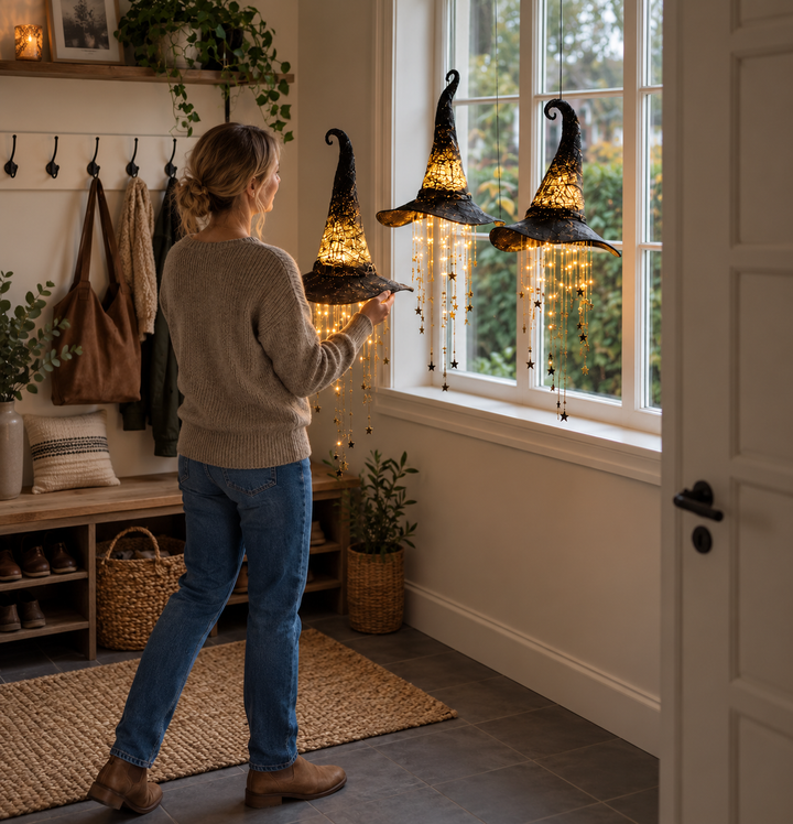 Een vrouw in trui en spijkerbroek hangt in een hal verlichte heksenhoeden voor het raam op. 8