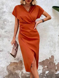 Stilvolles Oranges V-Ausschnitt Midikleid - Ruby