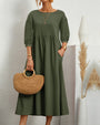 Midi-Kleid mit Rundhalsausschnitt & Laternenärmeln – Selina