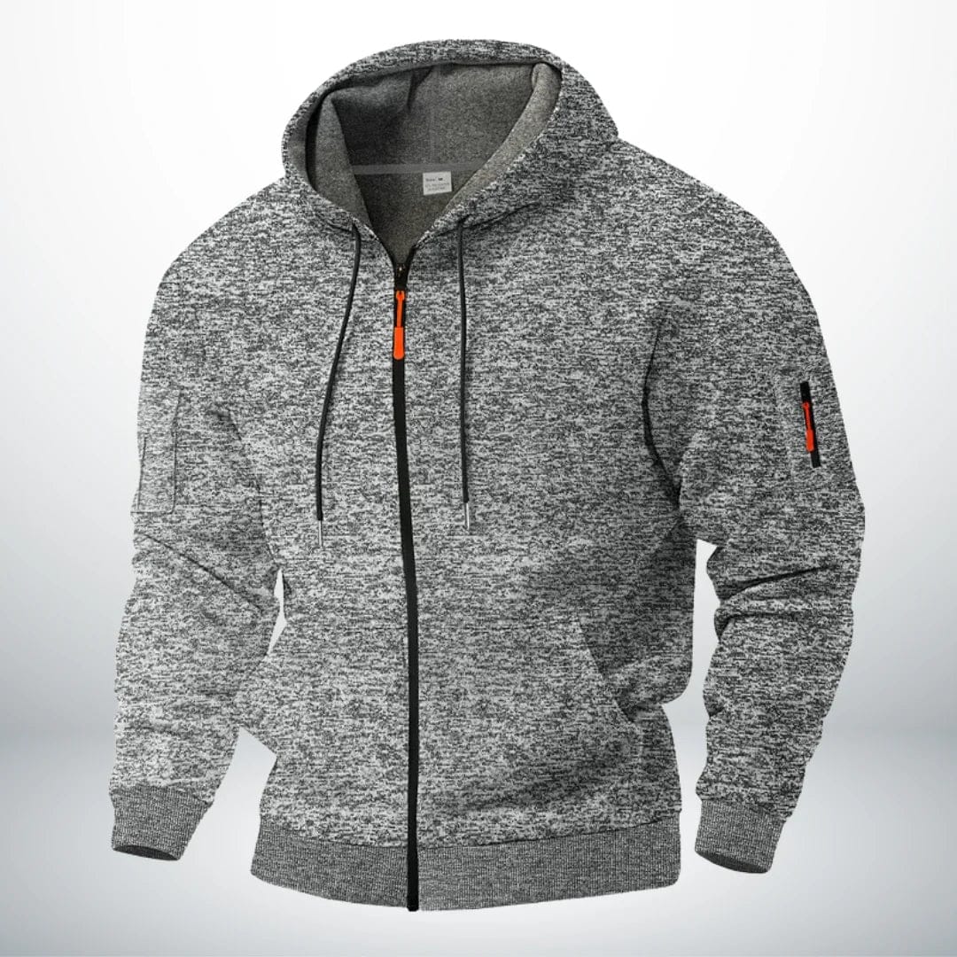 Dezelfde hoodie in gemêleerd lichtgrijs, voorkant met capuchon, trekkoord, oranje ritstrekker en ritszakje op de mouw. 3