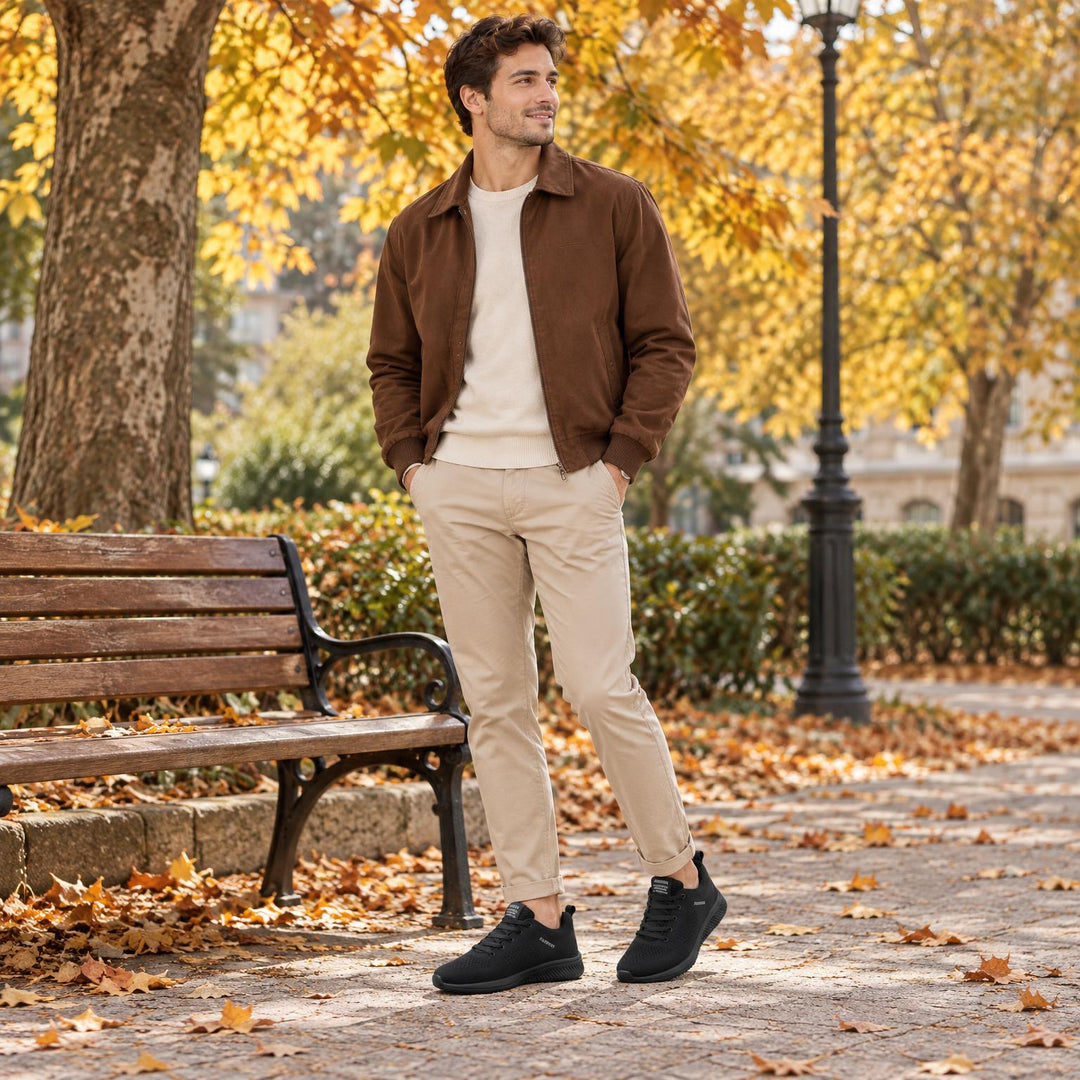 Man in bruine jas en beige broek draagt zwarte gebreide sneakers in een herfstpark 1