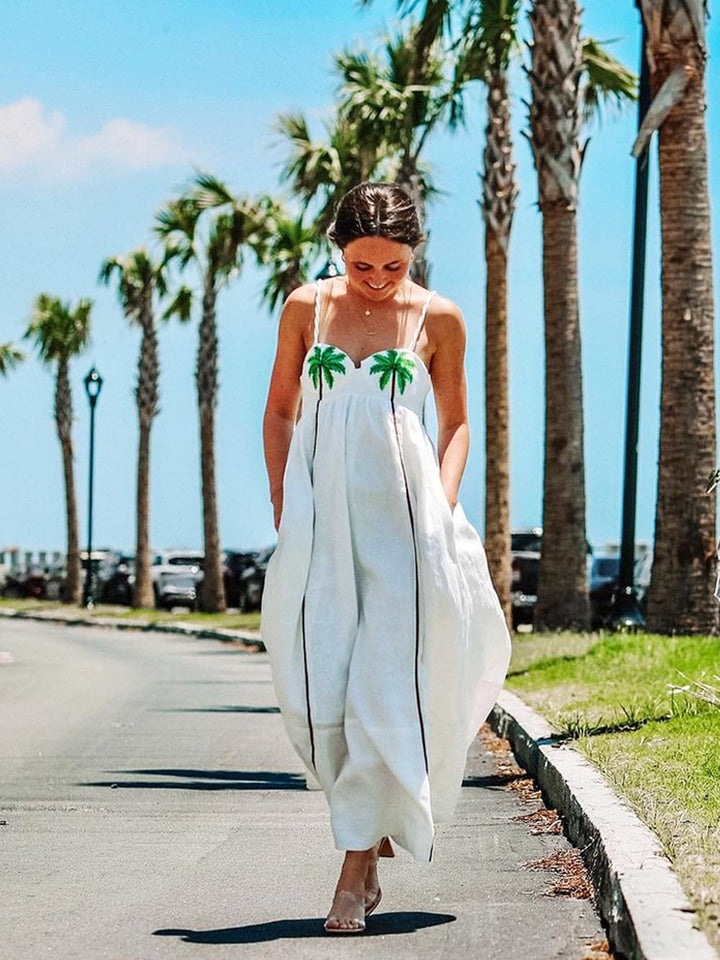 Trendy schouderjurk met tropische palmprint – Estelle