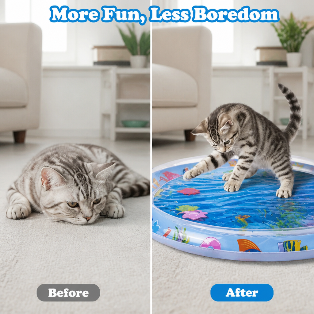 Vergelijking naast elkaar: links een lusteloze kat op het tapijt, rechts een kitten dat actief op de waterspeelmat speelt. 4