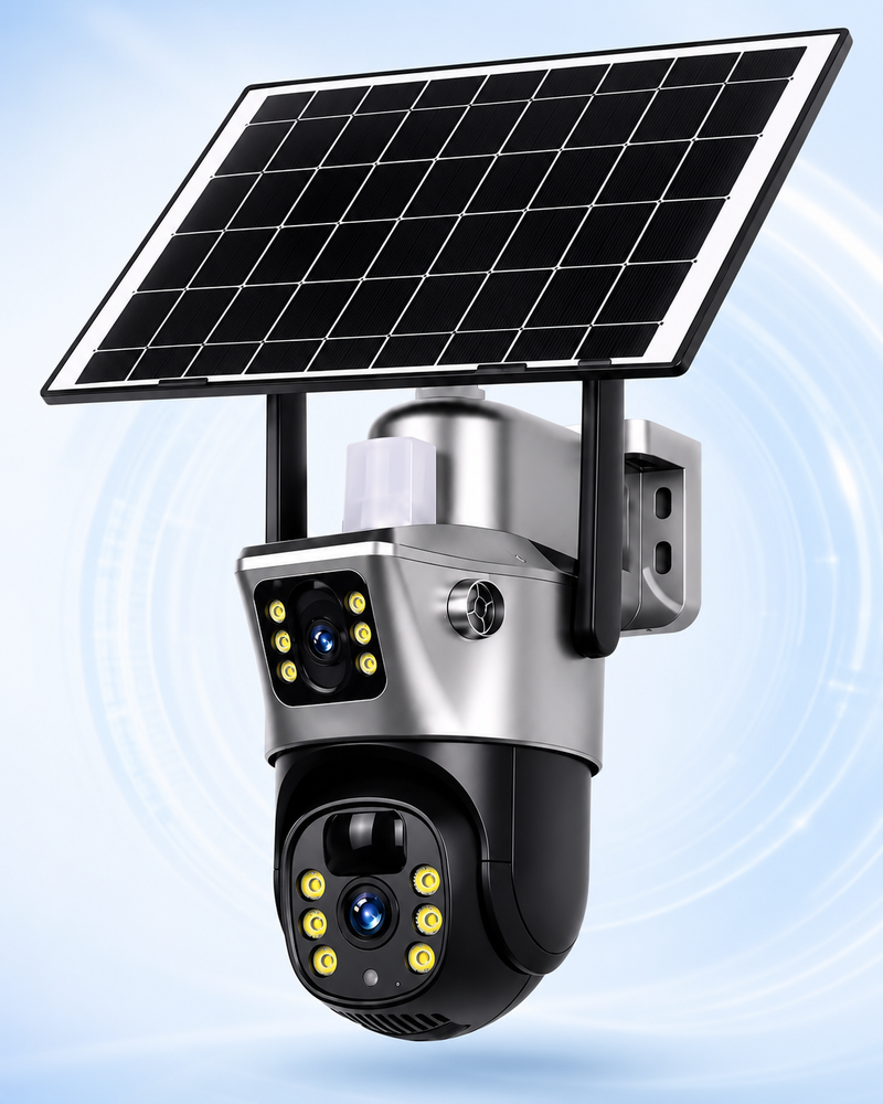 Andere uitvoering met dubbele lens: zilvergrijze en zwarte camera met zonnepaneel, antennes en meerdere ledlampjes op lichtblauwe achtergrond. 11