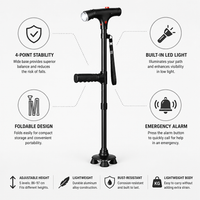 Productfoto van de zwarte wandelstok met pictogrammen en korte uitleg over stabiliteit, ledlicht, inklapbaar ontwerp, alarm en hoogteverstelling. 4