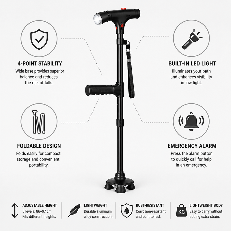 Productfoto van de zwarte wandelstok met pictogrammen en korte uitleg over stabiliteit, ledlicht, inklapbaar ontwerp, alarm en hoogteverstelling. 4