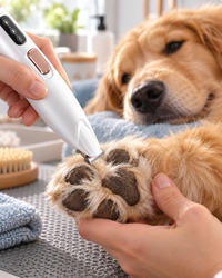 Hand trimt met de witte trimmer voorzichtig het haar rond de zachte pootzolen van een hond 3