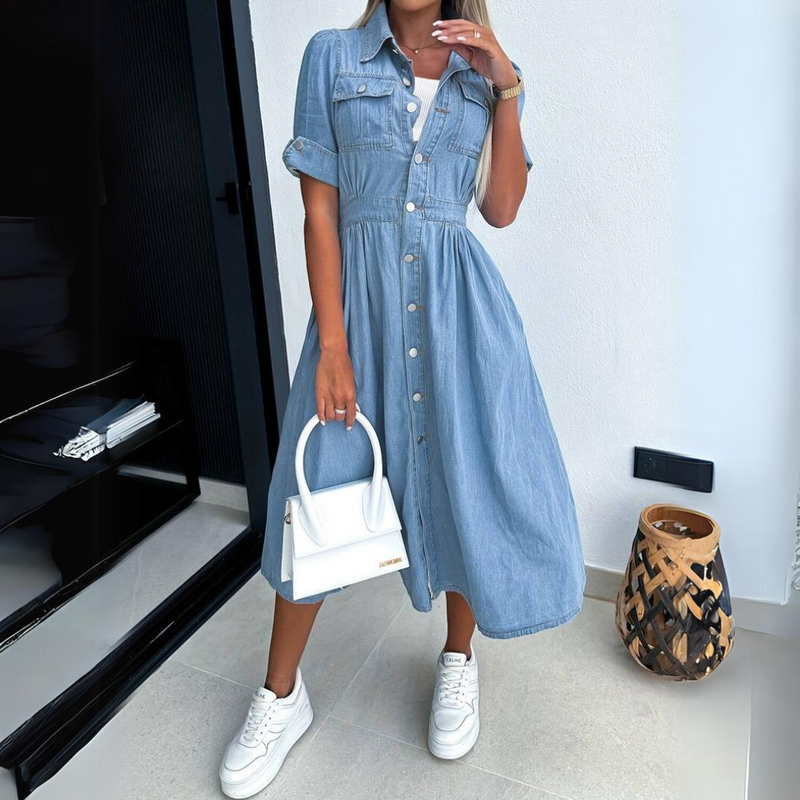 Fashionable Denim Dress with Short Sleeves - DenimCharm