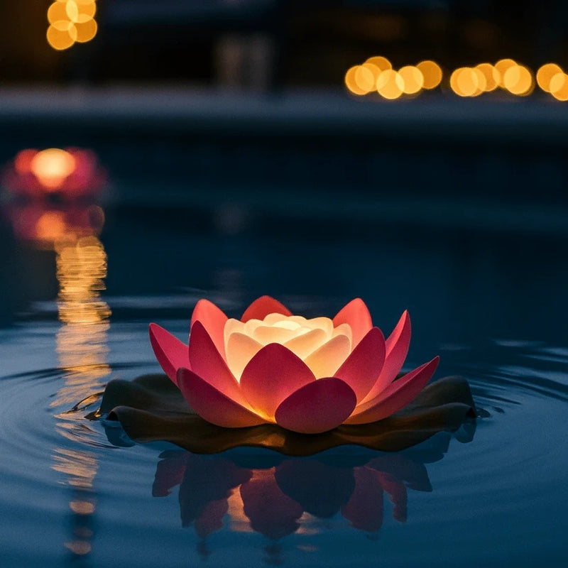 Close-up van een rode lotuslamp die 's avonds warm gloeiend op het water drijft 9