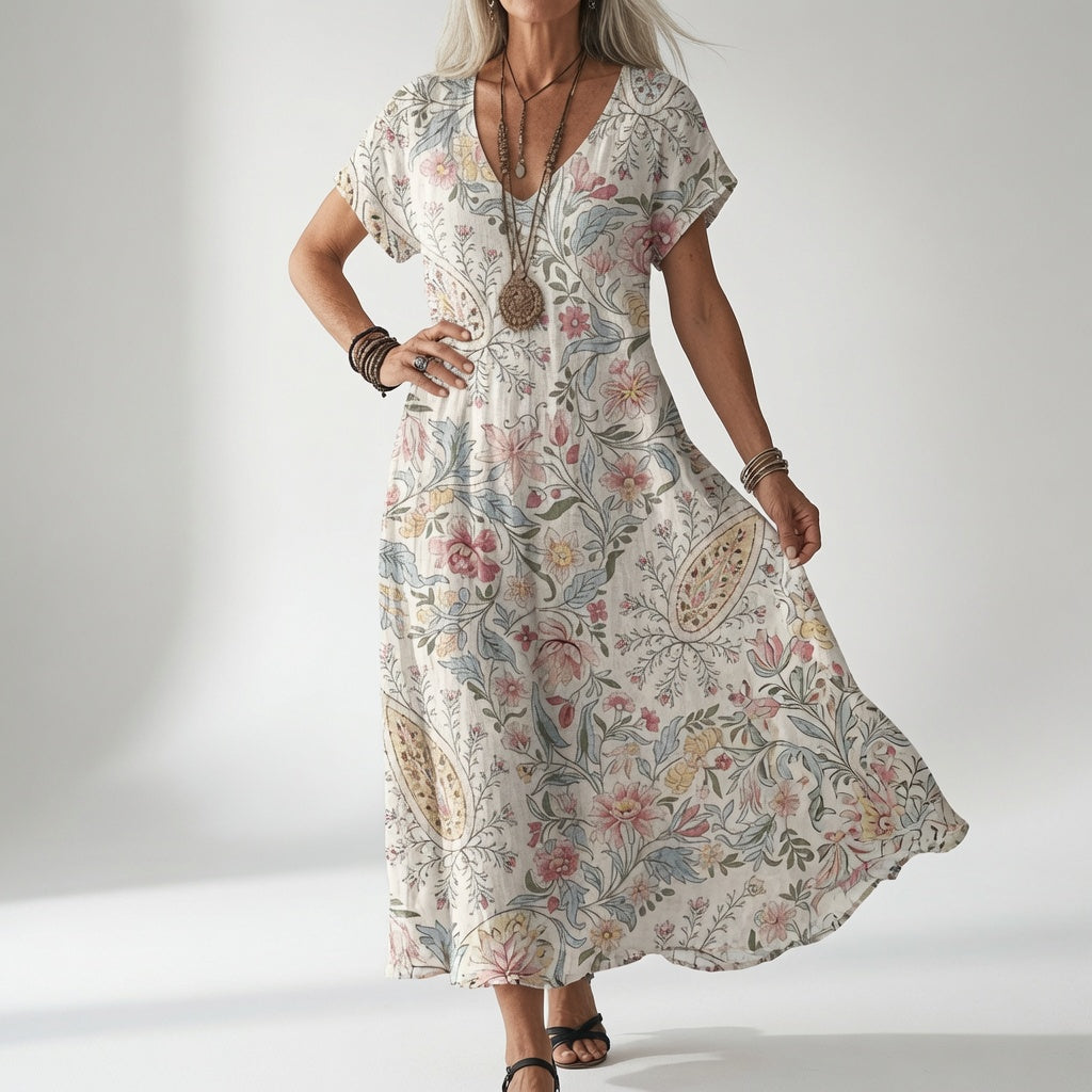 Model draagt de jurk in roomwit met roze, blauwe en gele bloemenranken, gecombineerd met houten kettingen, armbanden en zwarte sandalen. 1