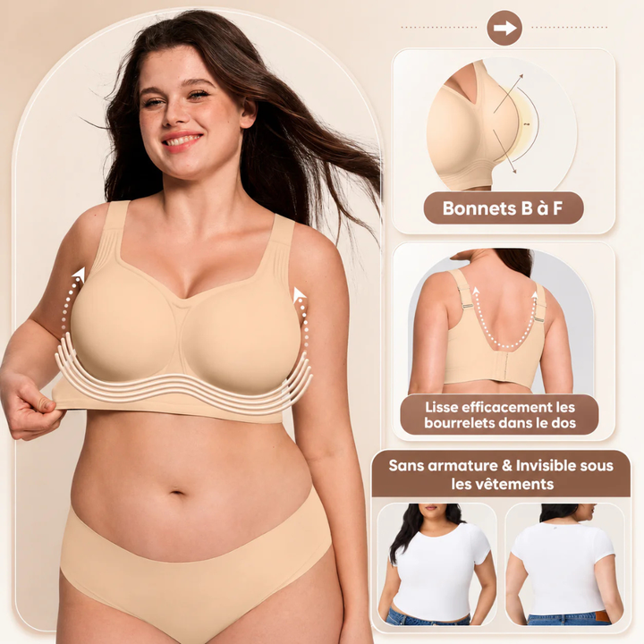 Beige bh gedragen door lachend model, met inzetjes van de rugzijde en onzichtbaar onder een wit shirt 2