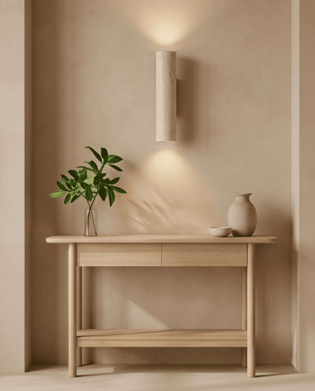 Brandende travertijnen wandlamp boven een houten consoletafel met takje in vaas en aardewerk 3