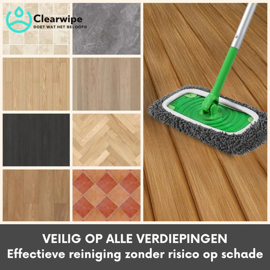 Dweilpad op een groene steel op een houten vloer, naast stalen van tegels, parket en laminaat voor verschillende vloertypes. 3