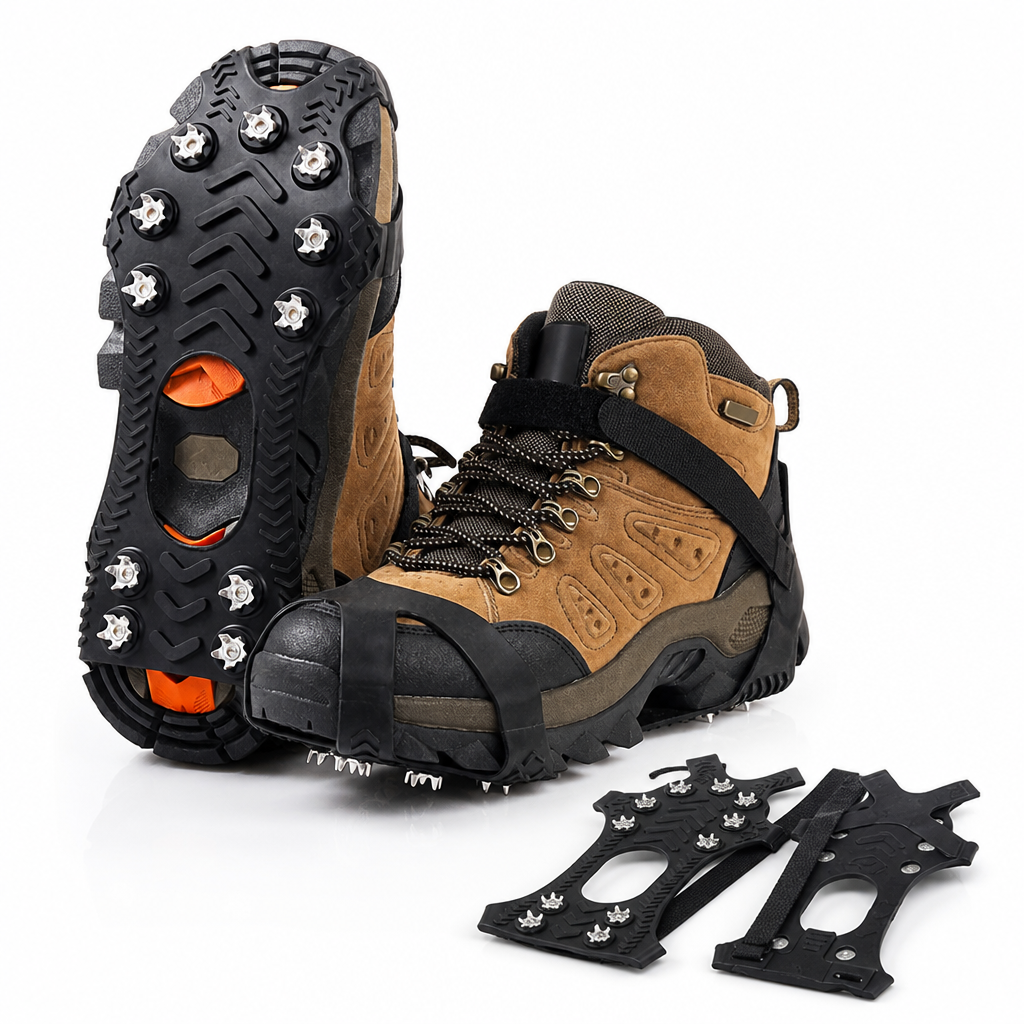 Wandelschoen met antislipijzers, met ernaast een paar losse ijzers met klittenband en spikes 4