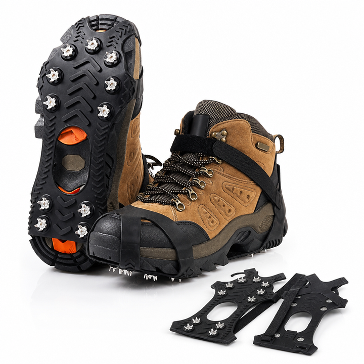 Wandelschoen met antislipijzers, met ernaast een paar losse ijzers met klittenband en spikes 4