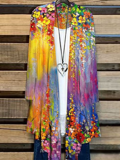 Langer Damenstrickmantel mit Blumenmuster – Liva