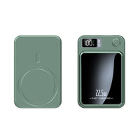 Groene uitvoering, links de achterkant met magnetische ring, rechts de voorkant met display, knop en glanzend zwart paneel. 4