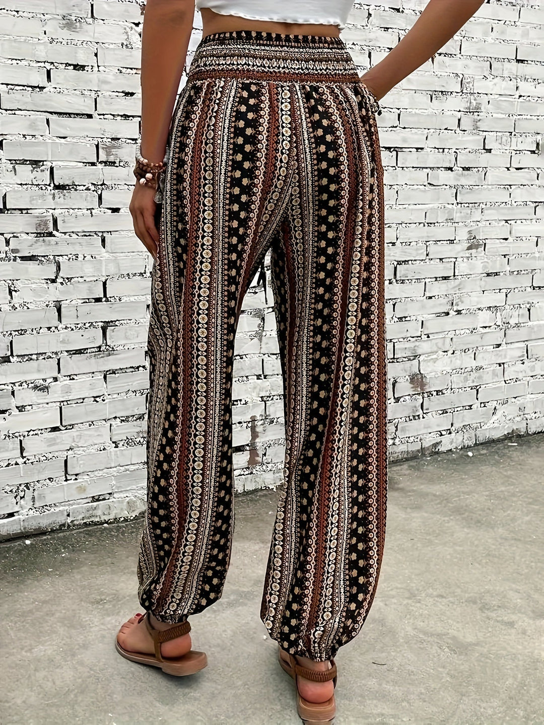 Boho-Hochbund-Damenhose mit Print & raffinierter Taille – Linara