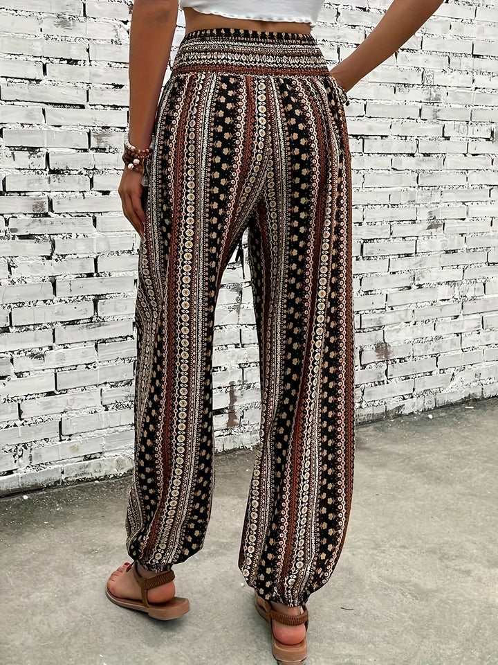 Boho-Hochbund-Damenhose mit Print & raffinierter Taille – Linara