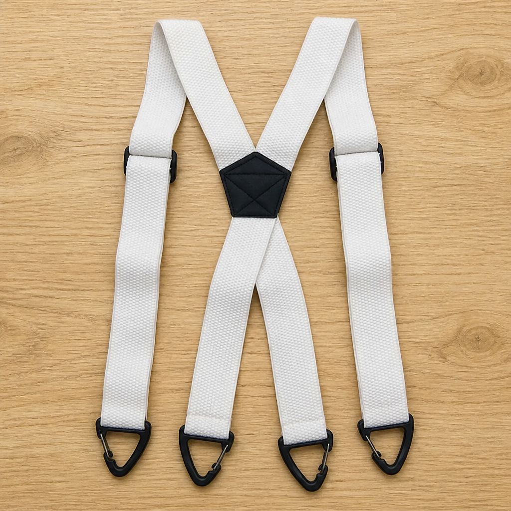 Witte X-bretels met vier zwarte driehoekige haken en een zwart middenstuk, liggend op een houten ondergrond. 10