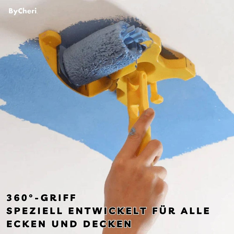 Verfset met draaibare greep schildert een blauwe vlek op een wit plafond, gezien van onderaf met een hand aan de handgreep. 6
