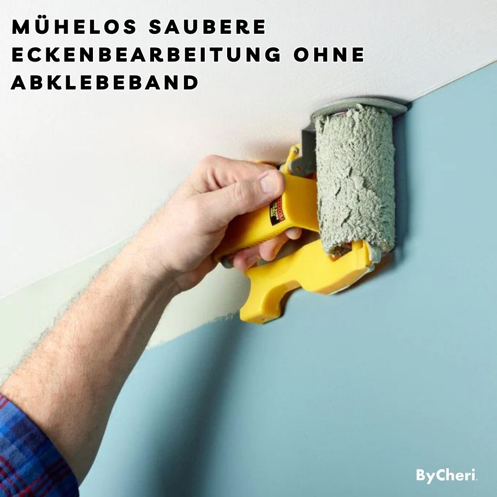Hand schildert met het gele verfset een strakke rand langs het plafond, boven een lichtblauwe muur, zonder afplakband. 2