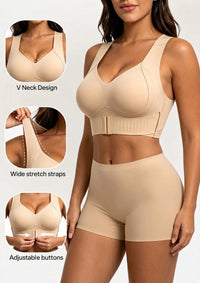 Beige beha met drie detailinzetten van V-hals, brede rekbare bandjes en verstelbare haakjes, gedragen met beige short. 6