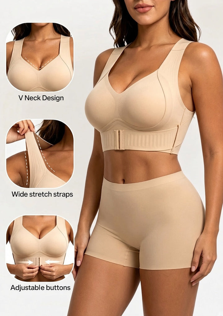 Beige beha met drie detailinzetten van V-hals, brede rekbare bandjes en verstelbare haakjes, gedragen met beige short. 6