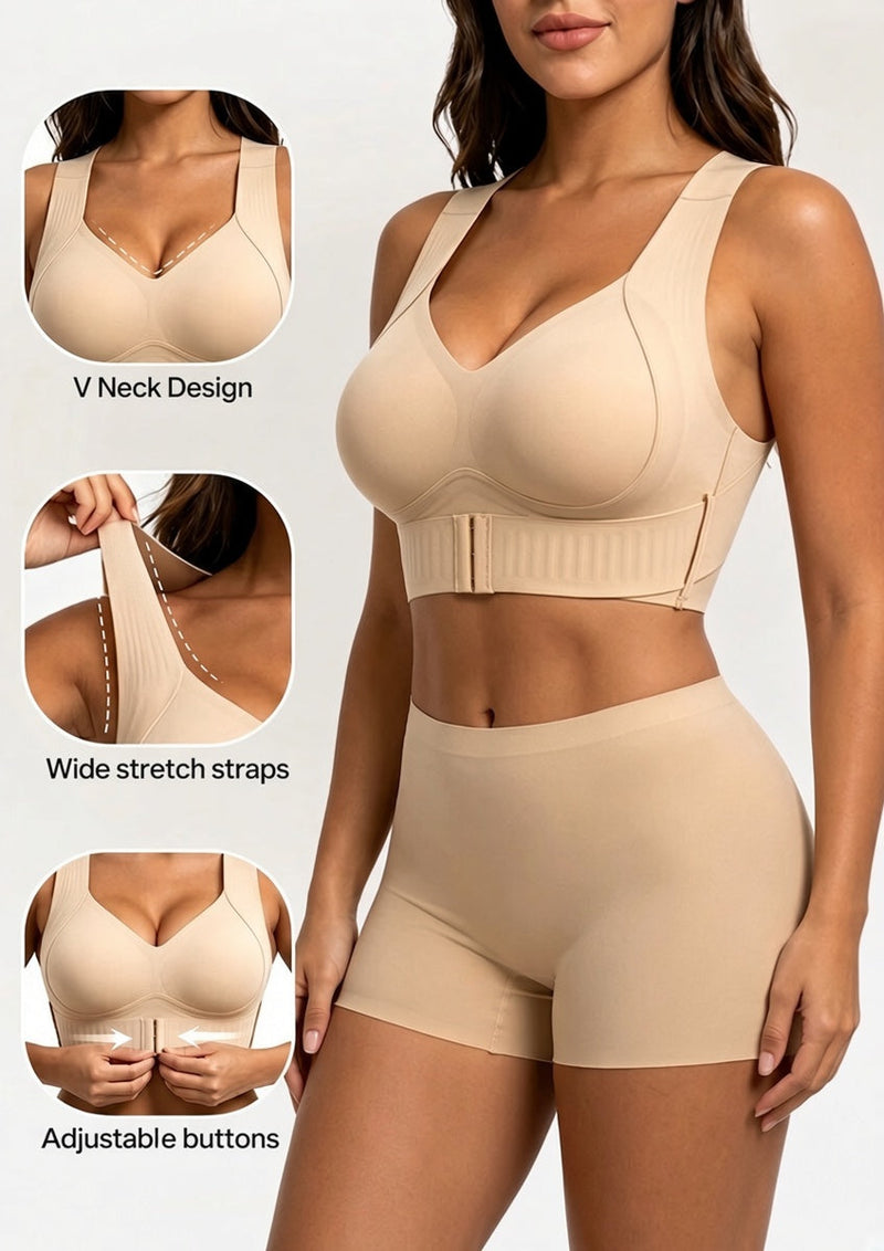 Beige beha met drie detailinzetten van V-hals, brede rekbare bandjes en verstelbare haakjes, gedragen met beige short. 6