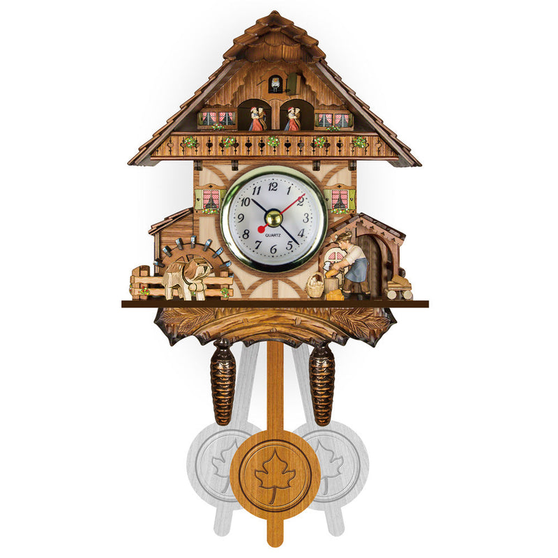 Koekoeksklok met waterrad, hondje, vrouwtje bij een schuurtje, balkon met dansend paar en een pendule met esdoornblad. 8