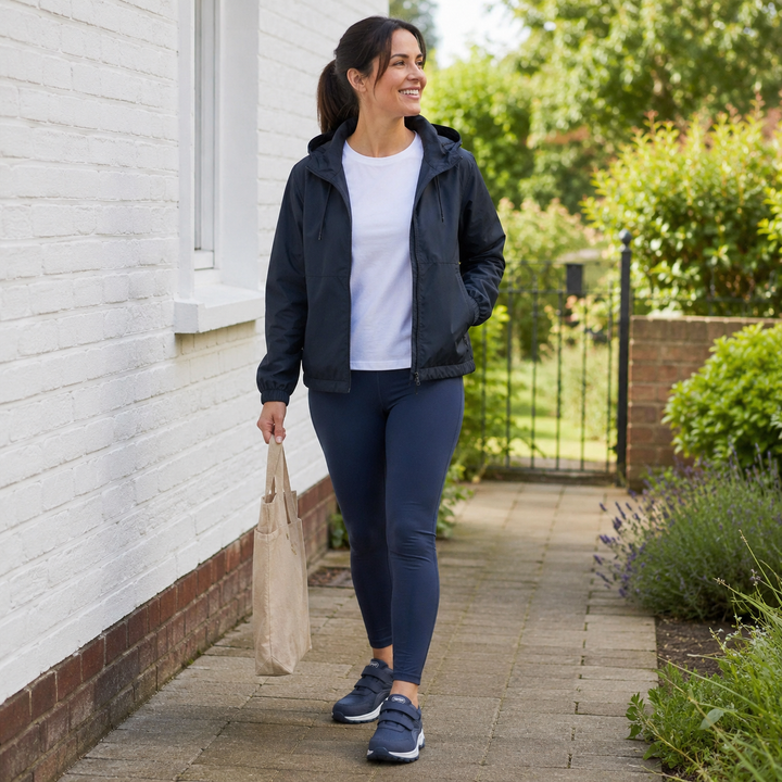Lachende vrouw in jack en legging loopt met stoffen tas over een tuinpad in blauwe klittenbandschoenen 17