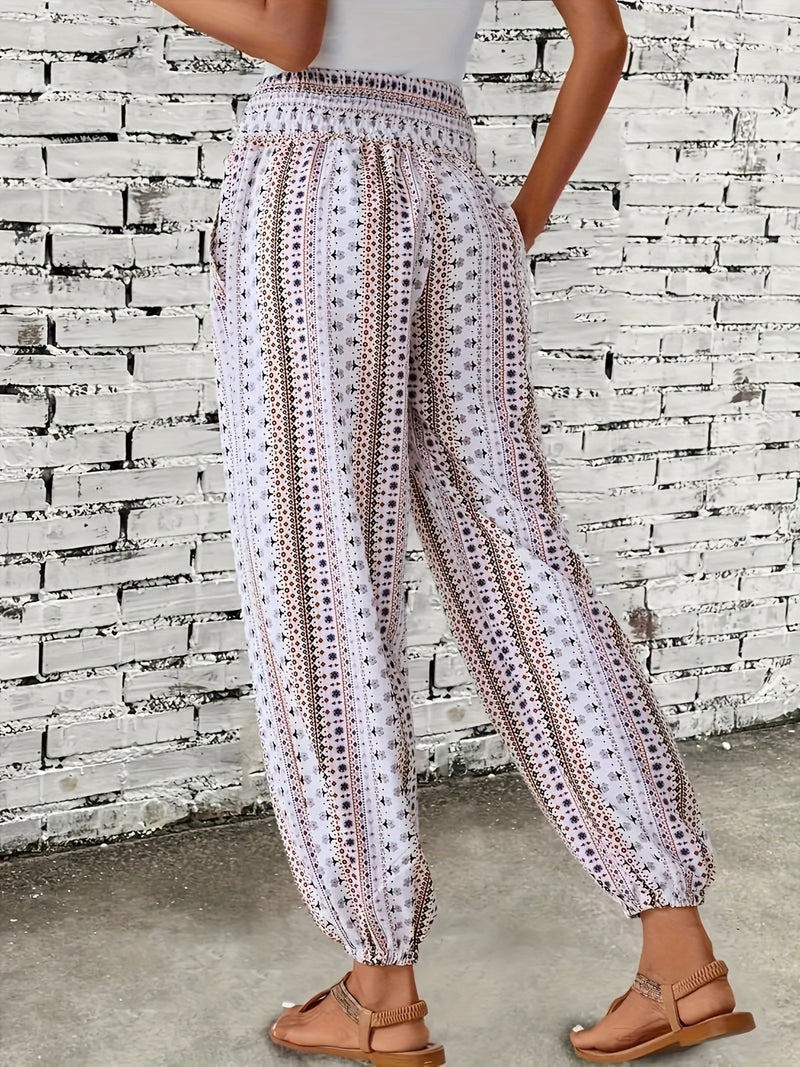 Boho-Hochbund-Damenhose mit Print & raffinierter Taille – Linara