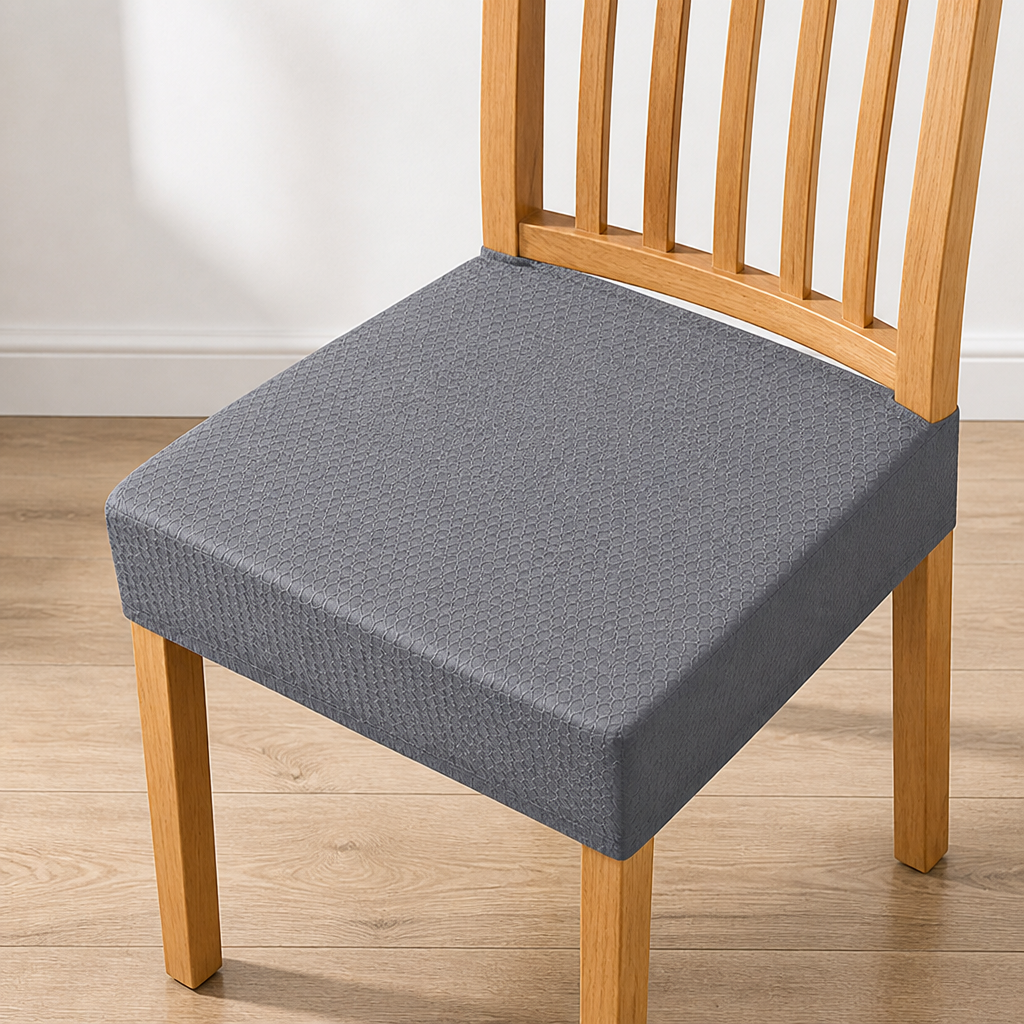 Houten stoel met een grijze stoelhoes met fijn gestructureerd honingraatpatroon, strak om de zitting gespannen. 9