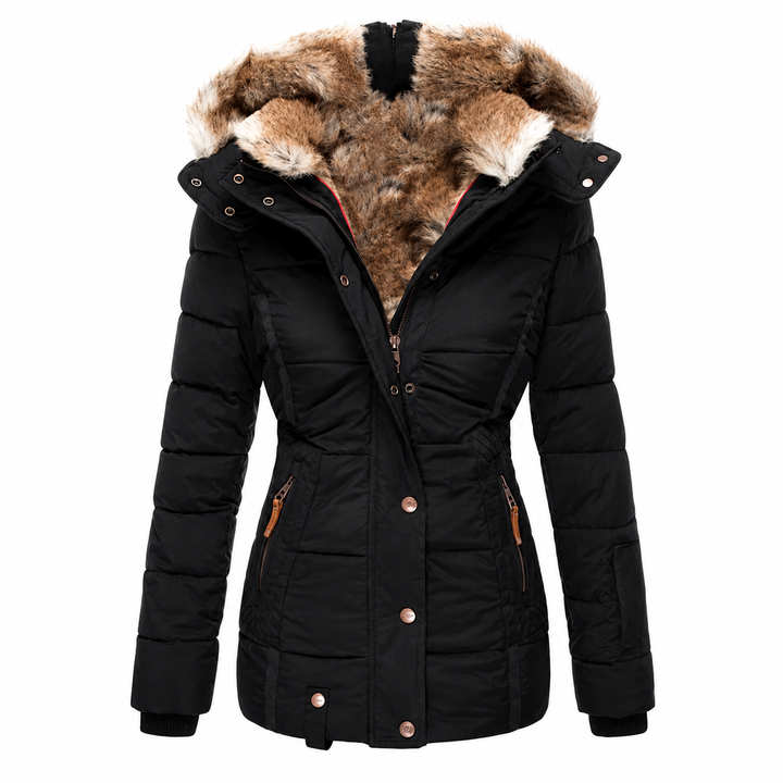 Zwarte gewatteerde parka voorkant, half open, met bontgevoerde capuchon en getailleerde taille 5
