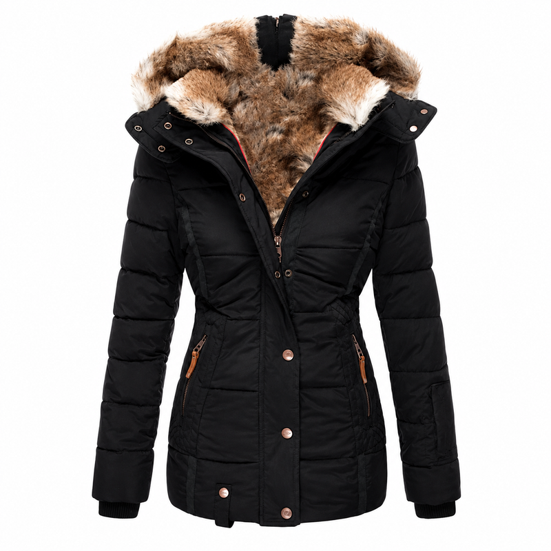 Zwarte gewatteerde parka voorkant, half open, met bontgevoerde capuchon en getailleerde taille 5