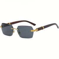 Randlose Sonnenbrille mit Rechteckigen Gläsern und Holzoptik-Bügeln – Verro