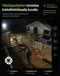 Nachtbeeld van een paardenerf waarop de camera dieren markeert als herkend en een persoon met een rood kader aanduidt. 3
