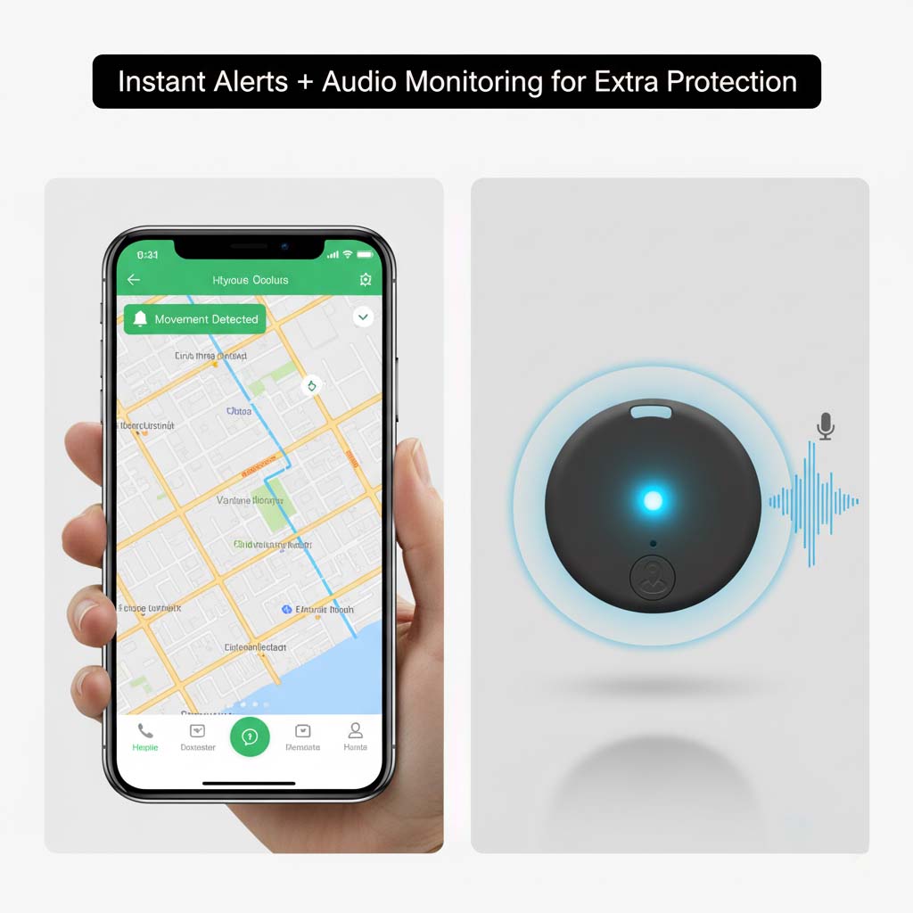 Links een hand met smartphone die een bewegingsmelding op de kaart toont, rechts de zwarte tracker met blauw lichtje en geluidsgolven. 5