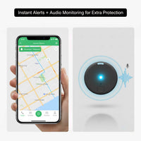 Links een hand met smartphone die een bewegingsmelding op de kaart toont, rechts de zwarte tracker met blauw lichtje en geluidsgolven. 5