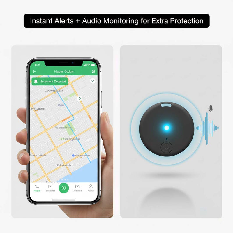 Links een hand met smartphone die een bewegingsmelding op de kaart toont, rechts de zwarte tracker met blauw lichtje en geluidsgolven. 5