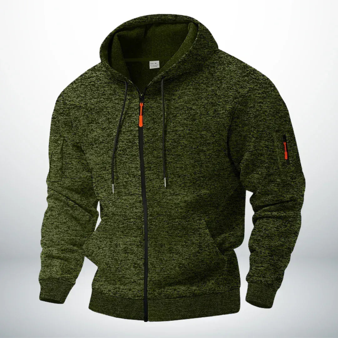 Dezelfde hoodie in gemêleerd groen, voorkant met capuchon, rits, zijzakken en ritszakje op de mouw. 4