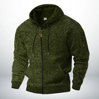 Dezelfde hoodie in gemêleerd groen, voorkant met capuchon, rits, zijzakken en ritszakje op de mouw. 4